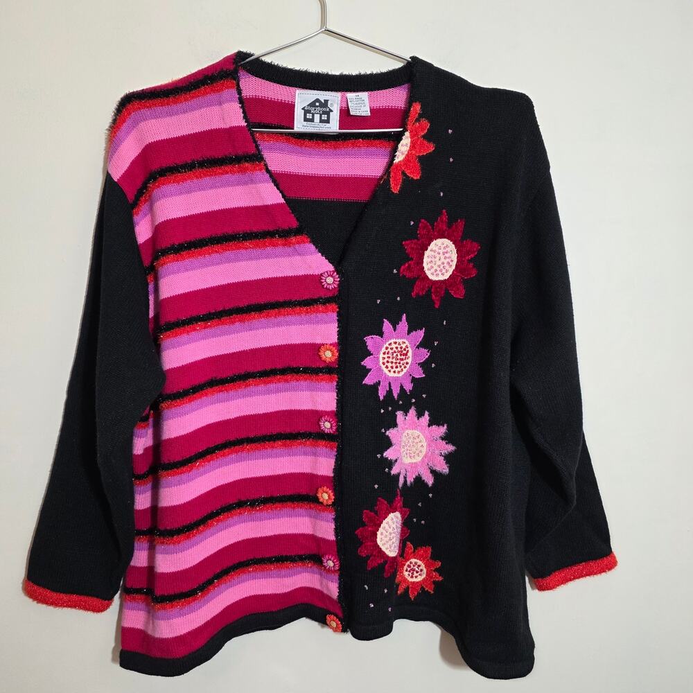 Storybook knits sparkle flower striped beaded button front cardigan Womans sz 3X